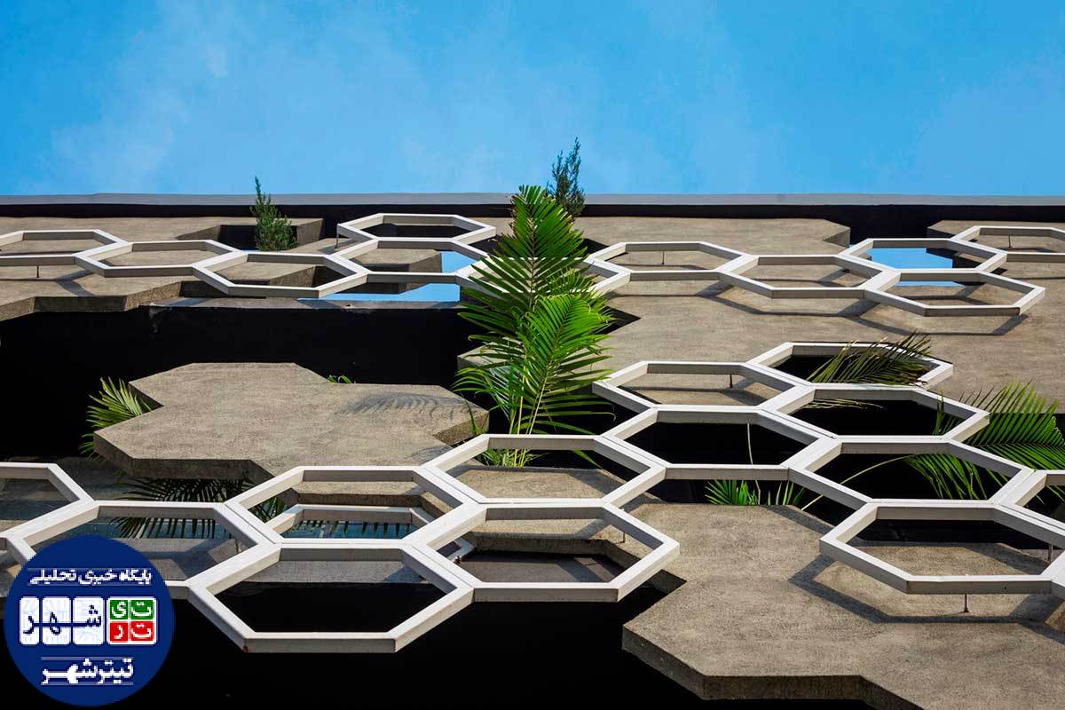 طراحی نمای ساختمان تجاری با هندسه شش ضلعی